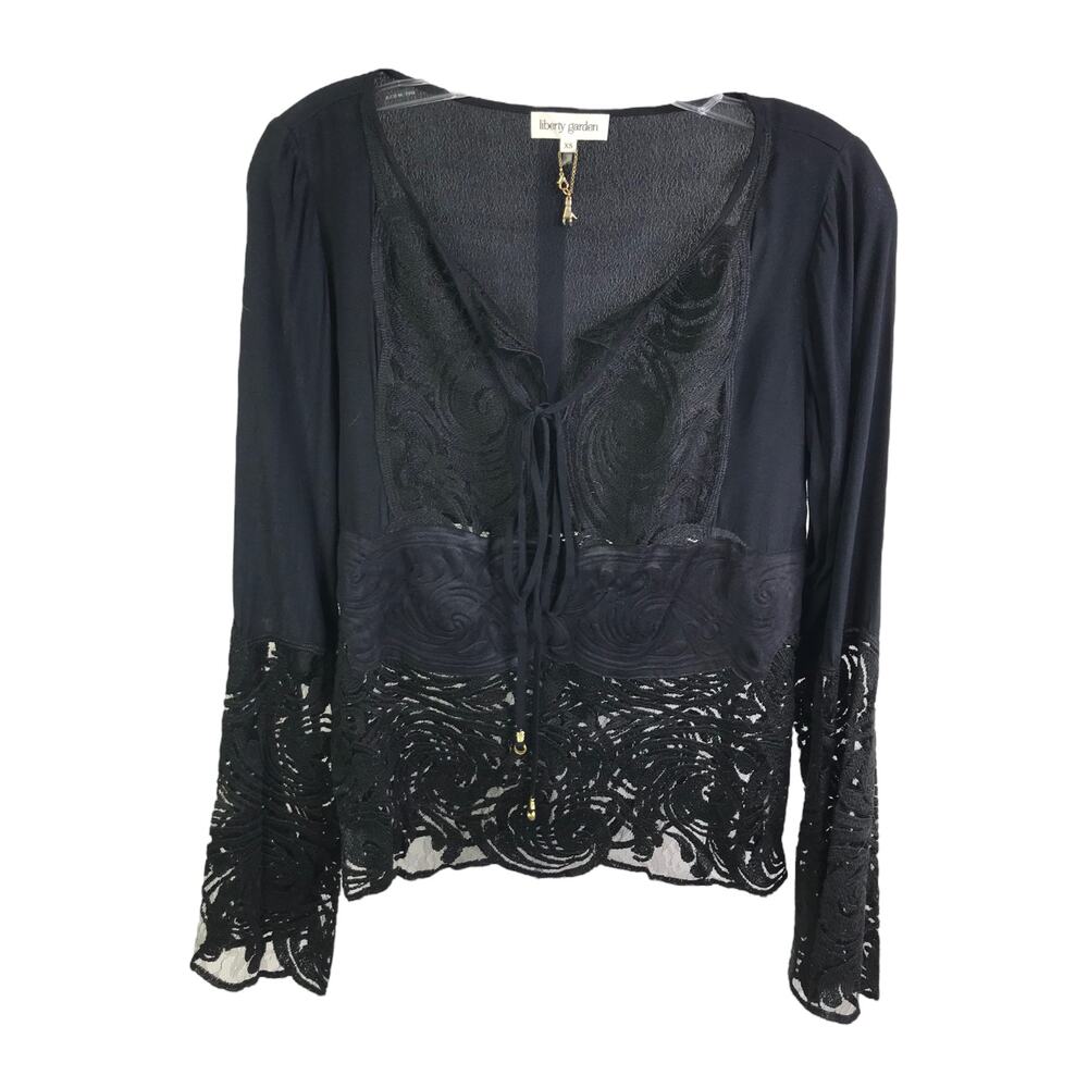 Liberty Garden Black Lace Embroidered V-Neck Tie Front Blouse XS Long Sleeve